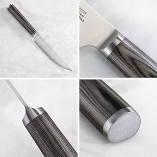 
                    
                      Steak knife with a curved stainless steel blade and dark pakkawood handle shown from multiple close-up angles.
                    
                  