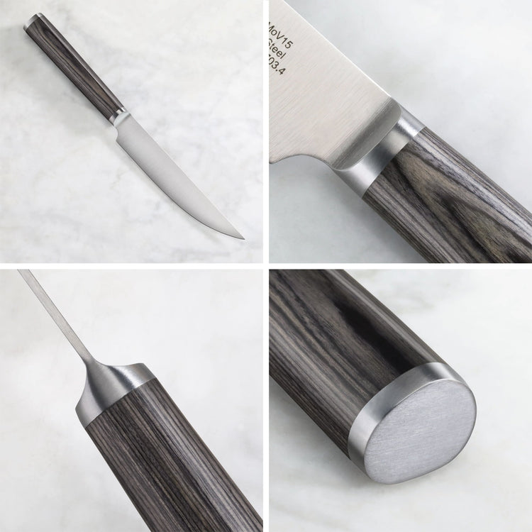Steak knife with a curved stainless steel blade and dark pakkawood handle shown from multiple close-up angles.