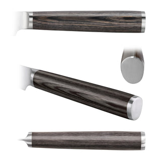 
                    
                      Dark wood grain pakkawood handle with stainless steel bolster and end cap shown from multiple angles.
                    
                  