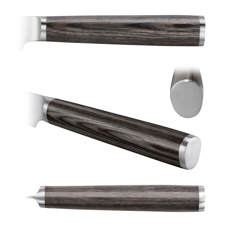 Dark wood grain pakkawood handle with stainless steel bolster and end cap shown from multiple angles.