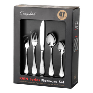 
                    
                      47-piece flatware set with forks, knife, and spoons in matte finish handles displayed in black packaging.
                    
                  