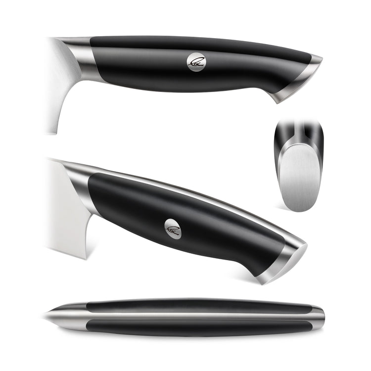 Black ergonomic knife handle with stainless steel accents and a circular logo, shown from multiple angles.