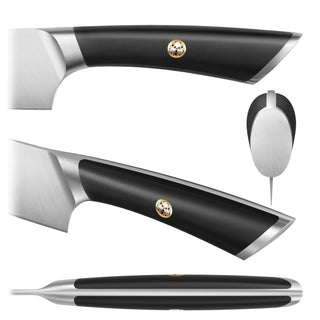 
                    
                      Close-up views of a knife handle with black grip, metal bolster, and a decorative emblem on the side.
                    
                  