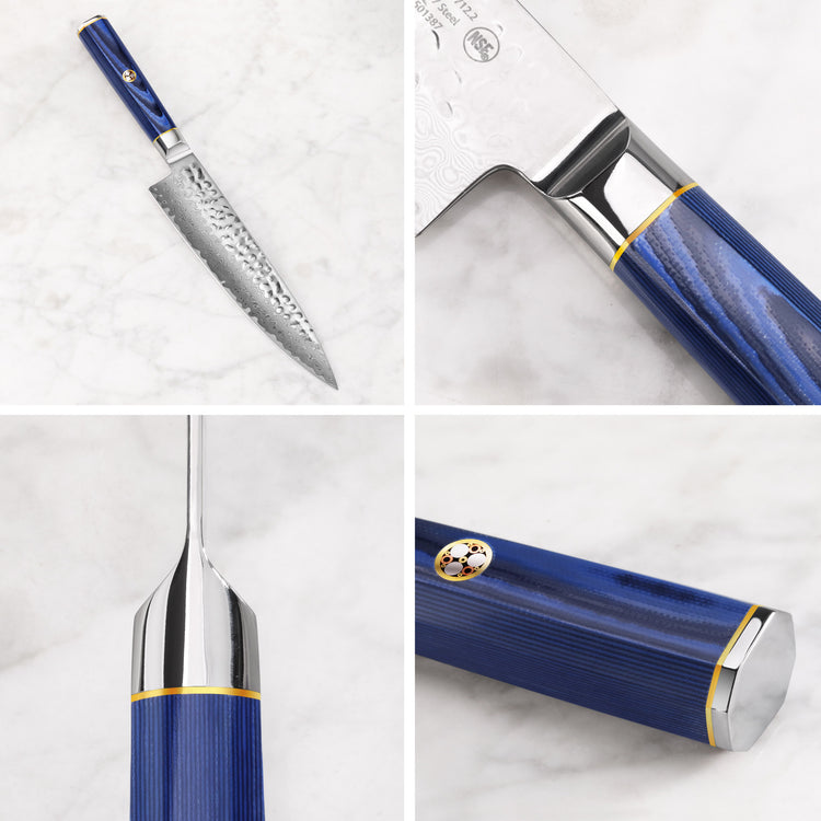 High carbon Damascus steel knife with hammered blade texture and blue handle with metal accents shown from multiple angles.