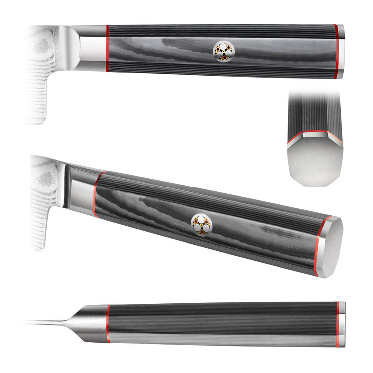 Handle of a boning knife shown from multiple angles, featuring a dark wood grain finish with red accents and a circular emble