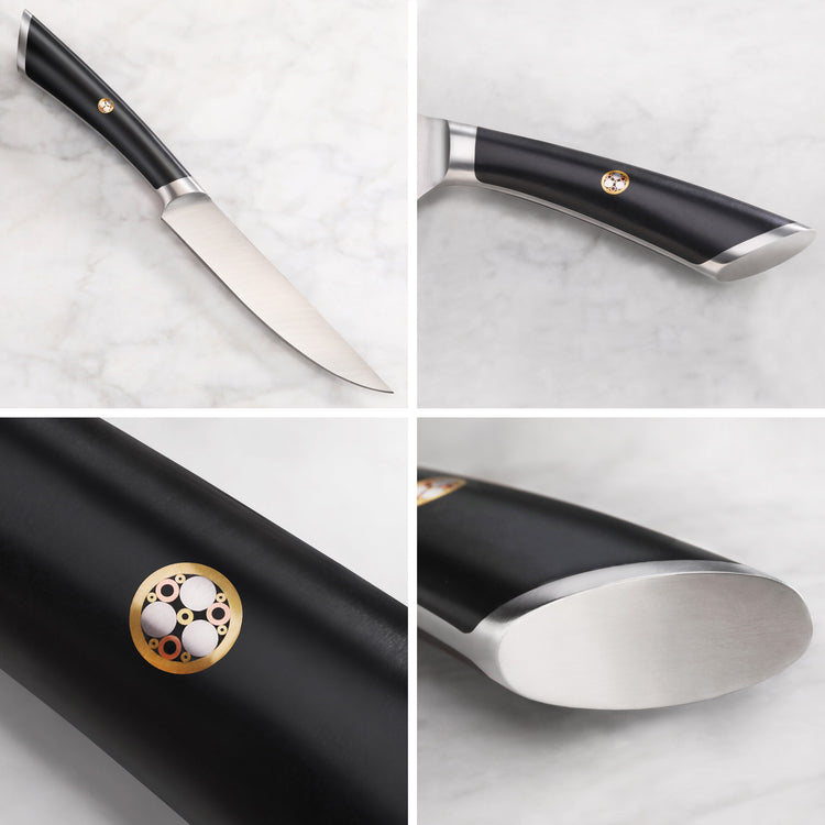 Four close-up views of a steak knife with a black handle, metal bolster, and decorative circular emblem on the handle.