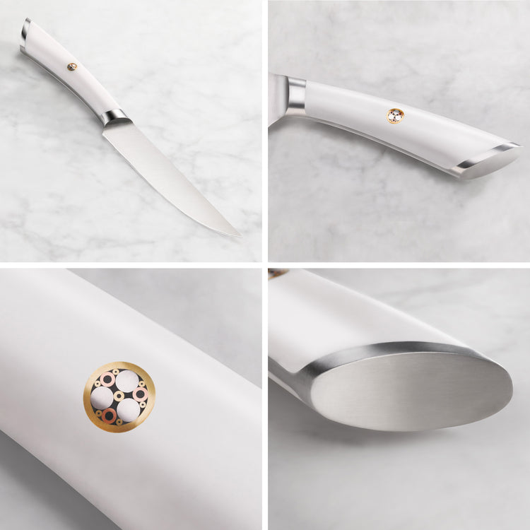 Steak knife with white handle featuring a circular metal emblem and polished stainless steel blade and bolster.