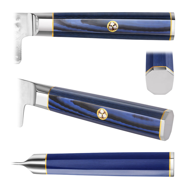 Blue-handled knife with a curved, pointed stainless steel blade and decorative emblem on the handle.