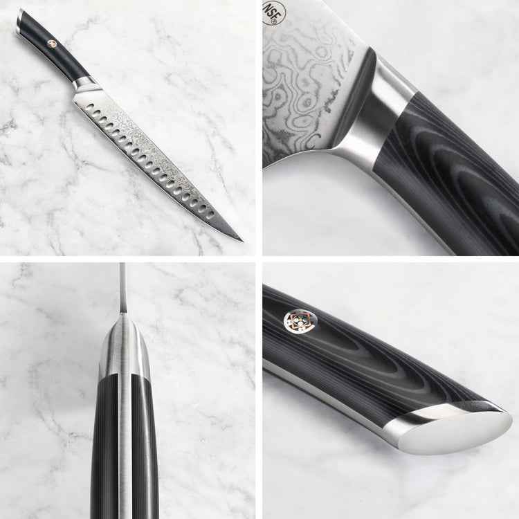 Carving knife with patterned blade, black wood handle, and stainless steel bolster shown from multiple angles.