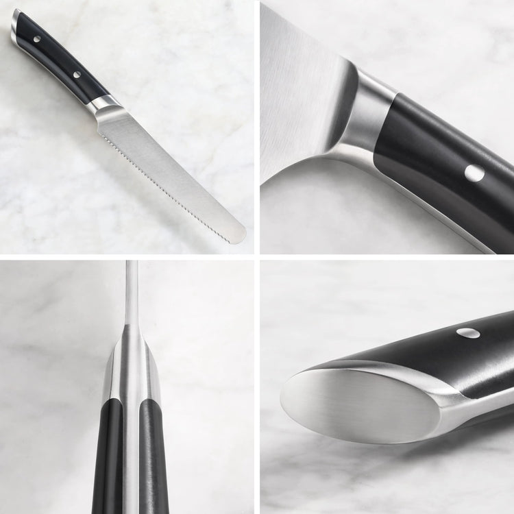 Serrated utility knife with black handle and forged German steel blade shown from multiple close-up angles.
