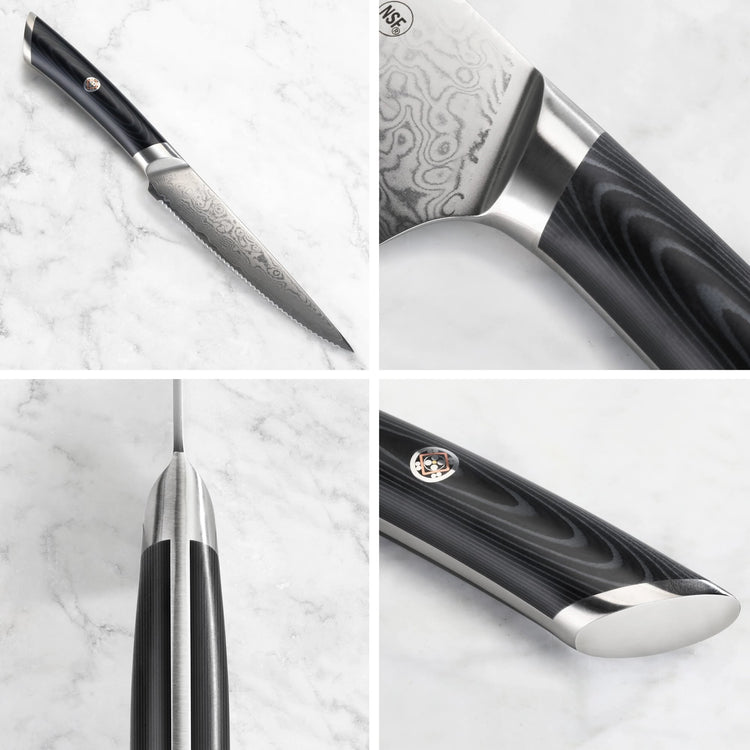 5-inch serrated utility knife with patterned Damascus steel blade and black ergonomic handle shown from multiple angles.