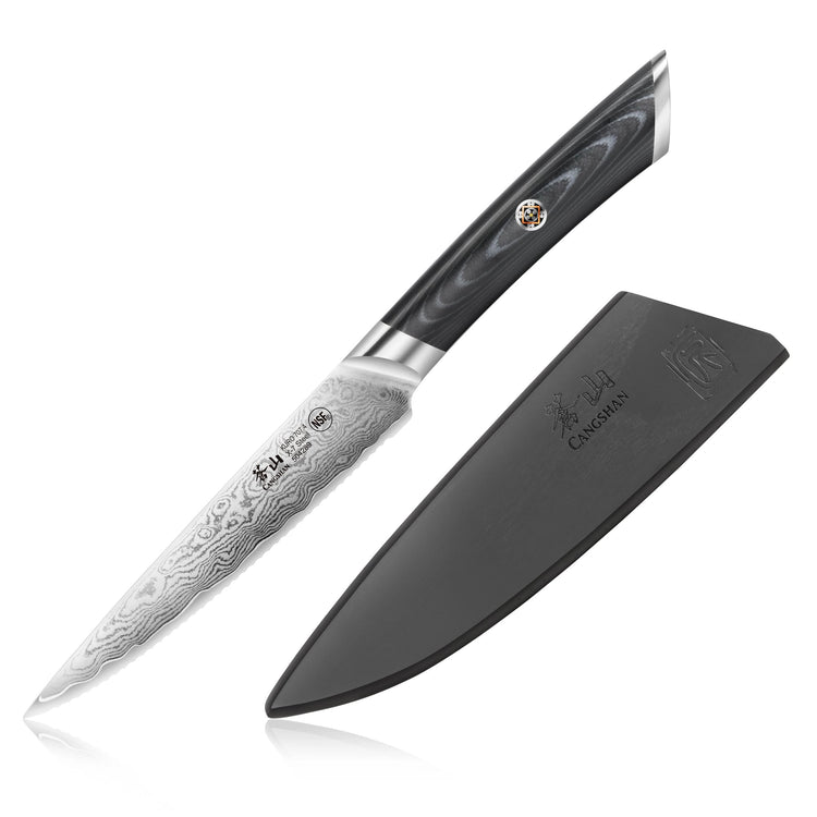 5-inch serrated utility knife with patterned Damascus steel blade and black sheath.