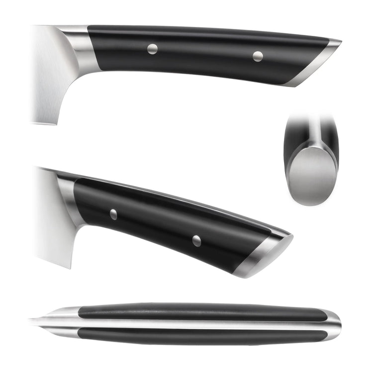 Black knife handle with metal rivets and stainless steel bolster, shown from side, angled, top, and end views.