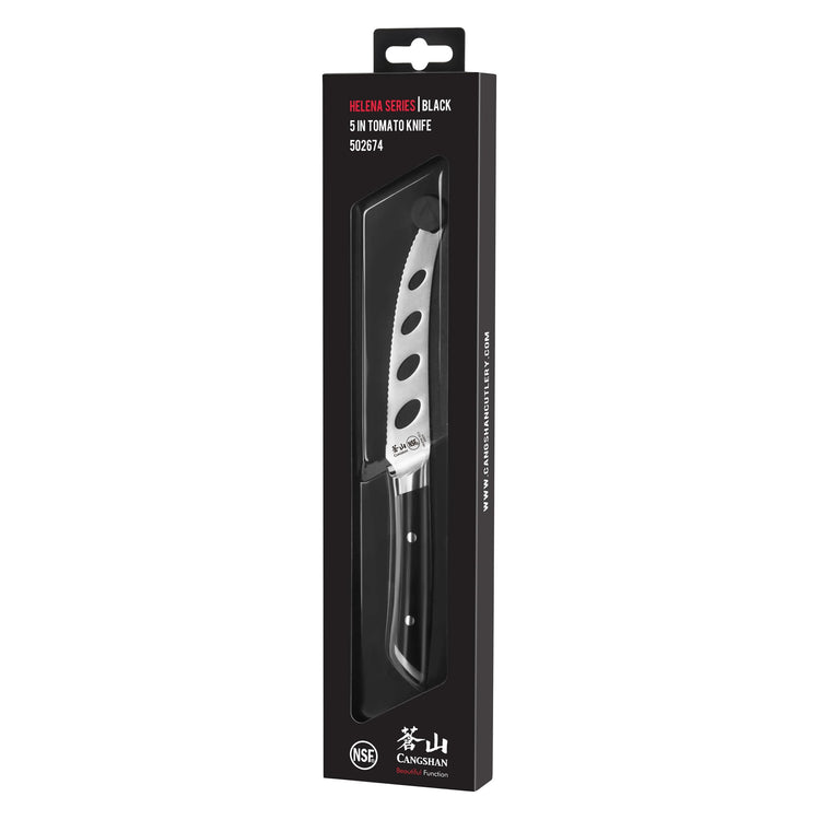 HELENA Series 5-inch serrated tomato knife with black handle in black retail packaging.