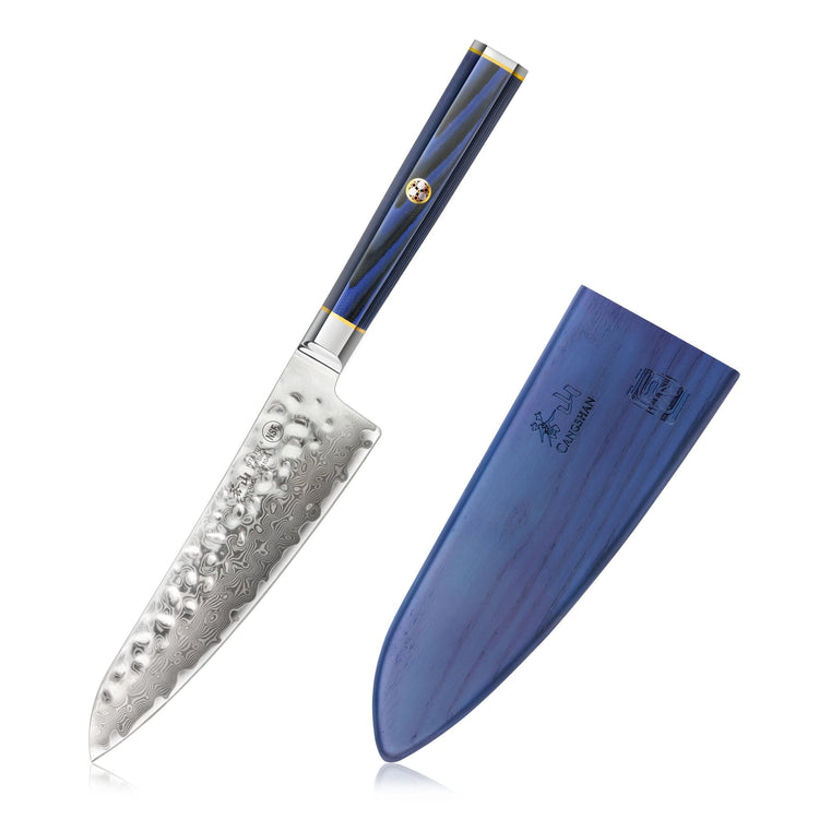 5.5-inch prep utility knife with hammered Damascus steel blade and blue handle, with matching blue sheath.