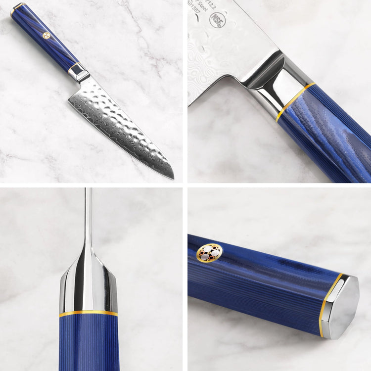 5.5-inch prep utility knife with hammered Damascus steel blade and blue handle with metal accents shown from multiple angles.