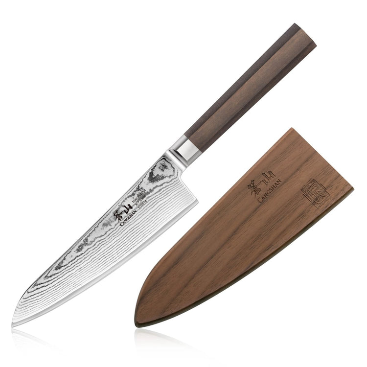 MAYA 5.5-inch Damascus steel prep utility knife with a dark wood handle and matching wooden sheath.