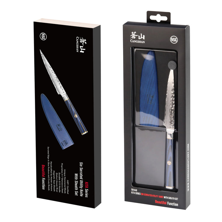 Serrated utility knife with blue handle and matching sheath displayed in black retail packaging.