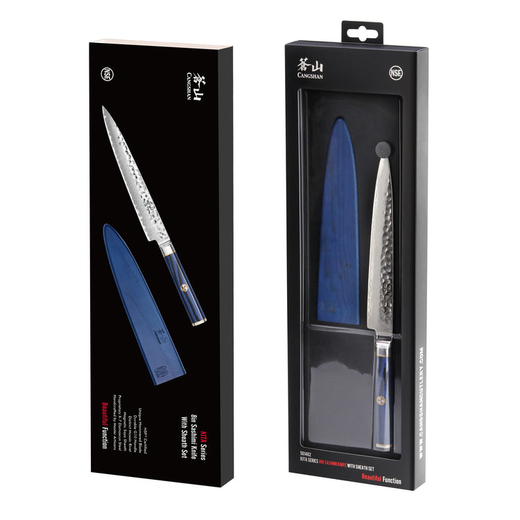 8-inch sashimi knife with hammered blade and blue sheath in black retail packaging.