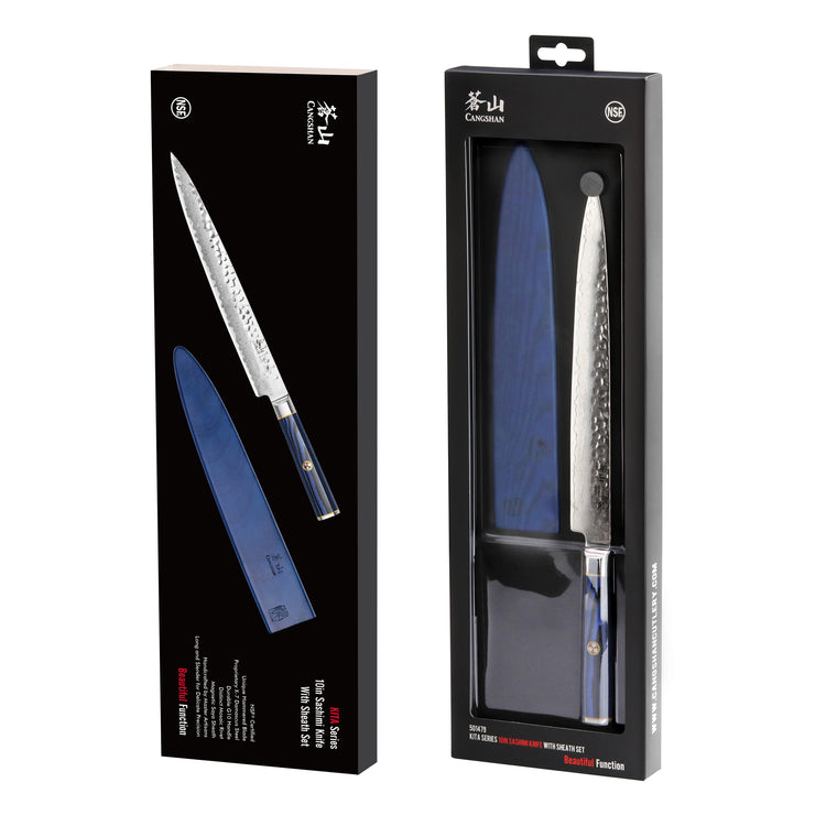 10-inch sashimi knife with hammered blade and blue sheath in black retail packaging.