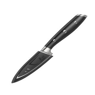 
                    
                      Black 3.5-inch paring knife with full tang, three rivets, and protective sheath on the blade.
                    
                  