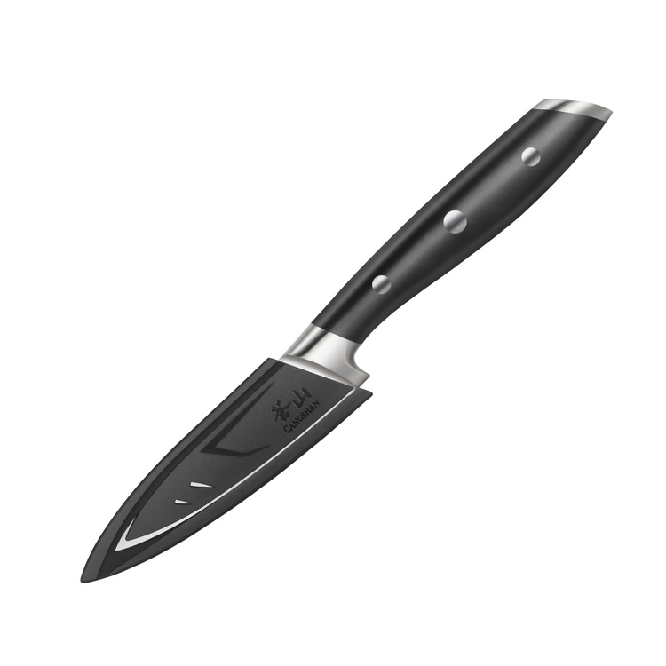 Black 3.5-inch paring knife with full tang, three rivets, and protective sheath on the blade.