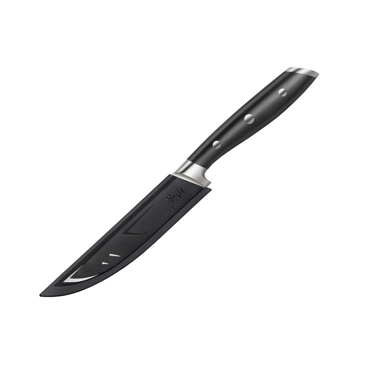 Black steak knife with a full tang, three rivets on the handle, and a protective sheath covering the blade.