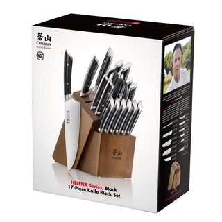 
                    
                      17-piece knife set with black handles in a wooden acacia block, including various knives and kitchen shears.
                    
                  