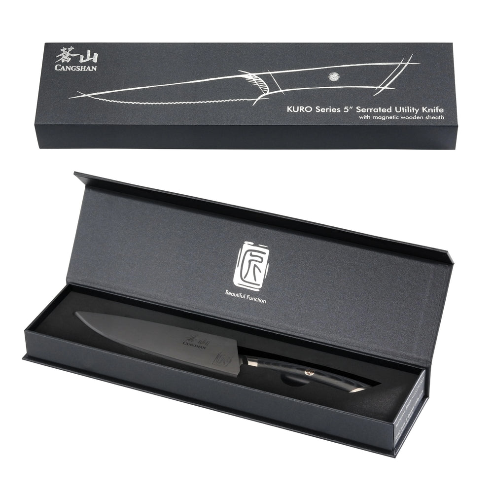 
                  
                    Load image into Gallery viewer, KURO Series 5-inch Serrated Utility Knife with Sheath, High Carbon X-7 Damascus Steel, 504289
                  
                