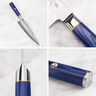 
                    
                      Chef knife with hammered Damascus steel blade and blue textured handle with metal accents shown from multiple angles.
                    
                  