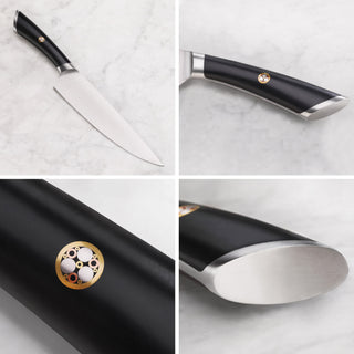 
                    
                      Chef's knife with black handle featuring a circular emblem, stainless steel blade, and metal end cap.
                    
                  