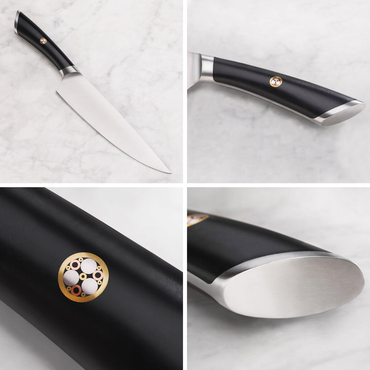 Chef's knife with black handle featuring a circular emblem, stainless steel blade, and metal end cap.