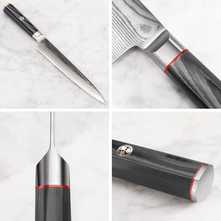 YARI Series 8-inch sashimi knife with Damascus steel blade and black textured handle shown from multiple close-up angles.