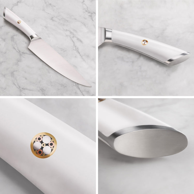 Chef knife with a white handle featuring a circular emblem and a polished stainless steel blade.