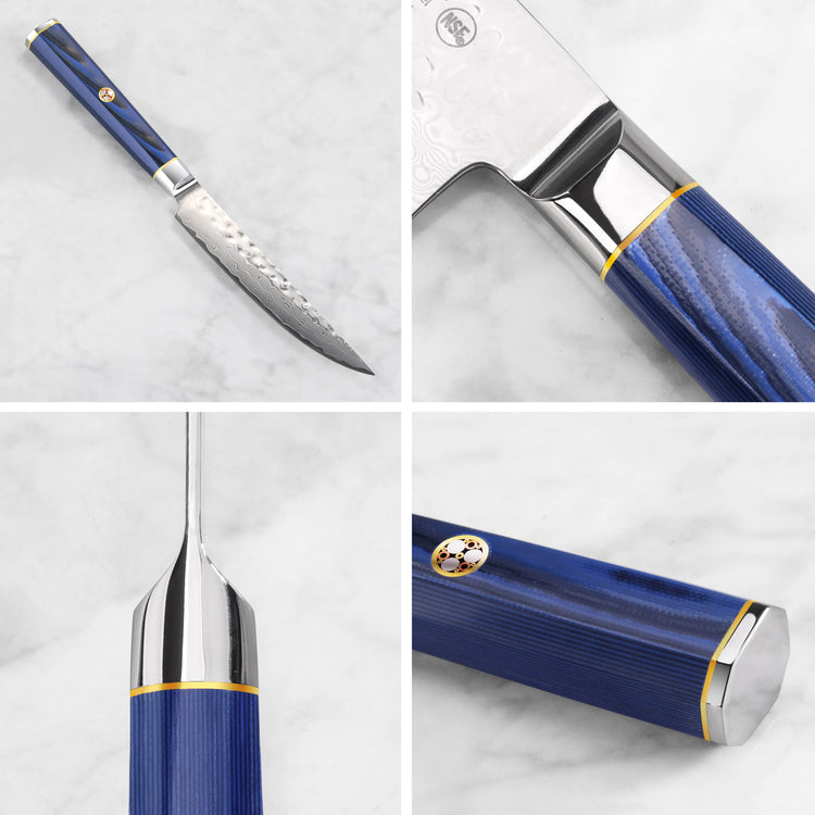Four close-up views of a steak knife with a blue textured handle, hammered blade, and polished metal accents.