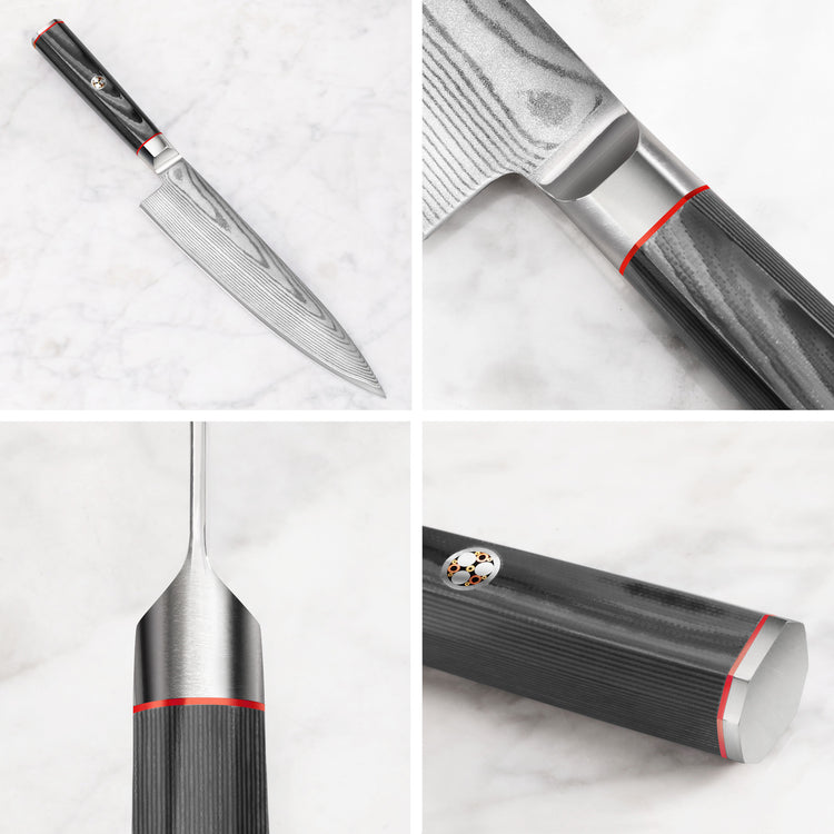 Chef knife with Damascus steel blade and black handle with red accents shown from multiple close-up angles.