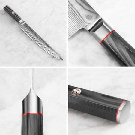 Carving knife with a patterned Damascus steel blade and dark wood handle with metal accents shown from multiple angles.