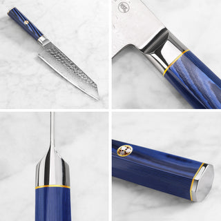 
                    
                      7-inch Kiritsuke knife with hammered Damascus steel blade and blue textured handle with metal accents shown from multiple ang
                    
                  
