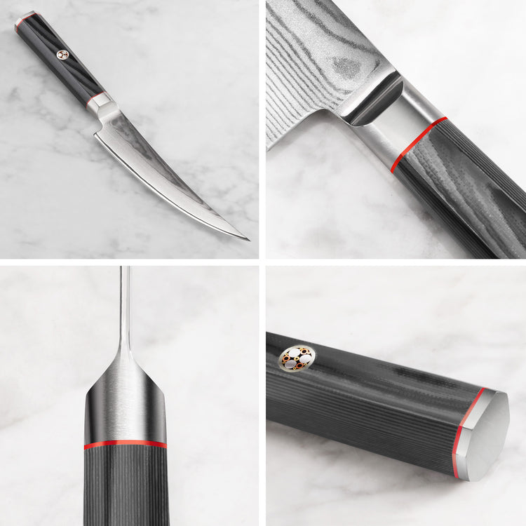 Curved boning knife with dark handle and red accents, showing blade, handle details, and tang connection.