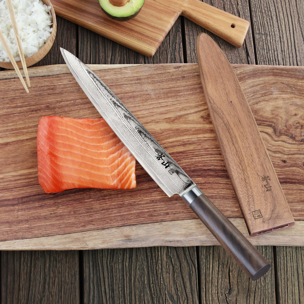 
                  
                    Load image into Gallery viewer, J Series 10-Inch Sashimi Chef Knife with Walnut Sheath, Forged X-7 Damascus Steel, 1020090
                  
                