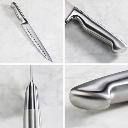 Two-piece carving set with long, narrow blades featuring oval cutouts and smooth, contoured metal handles shown from multiple