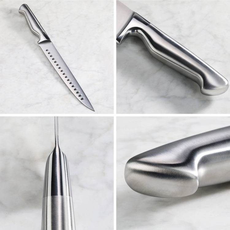 Two-piece carving set with long, narrow blades featuring oval cutouts and smooth, contoured metal handles shown from multiple