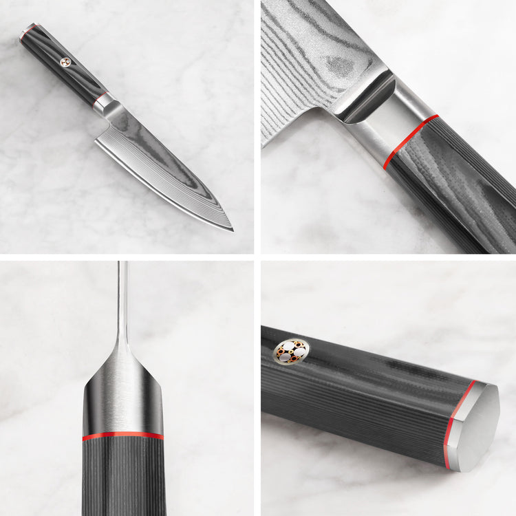Chef knife with Damascus steel blade and dark wood handle, shown from multiple close-up angles highlighting blade, handle, an