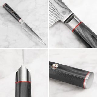 
                    
                      Serrated utility knife with black handle, red accents, and Damascus steel blade shown from multiple close-up angles.
                    
                  