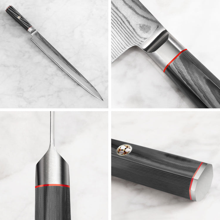 YARI Series 12-inch sashimi knife with dark wood handle and sheath, close-ups of blade, handle, and end cap details.