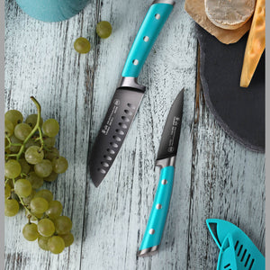 
                  
                    Load image into Gallery viewer, S+ Series 2-Piece Titanium Coated Santoku Starter Knife Set with Sheaths, Forged German Steel
                  
                