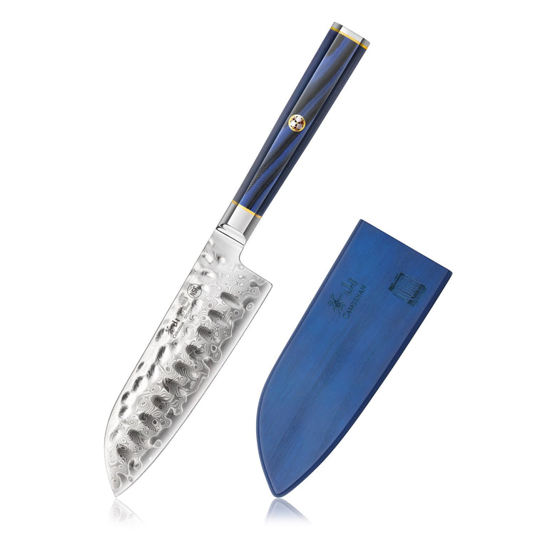 Santoku knife with hammered blade texture and blue handle, next to a matching blue sheath.