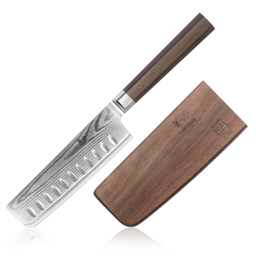 MAYA Series 5-Inch Nakiri Knife X-7 Damascus Steel with dark wood handle and matching wooden sheath.