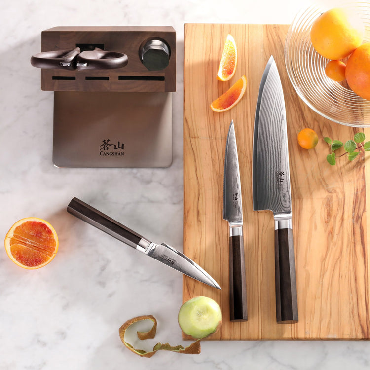 MAYA Series 6-Piece Knife Block Set with X-7 Damascus steel blades, dark handles, shears, and walnut block.