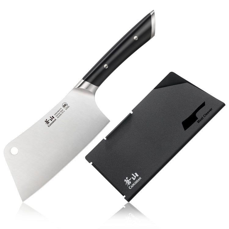 6-inch meat cleaver with black handle and protective black sheath, forged German steel blade.